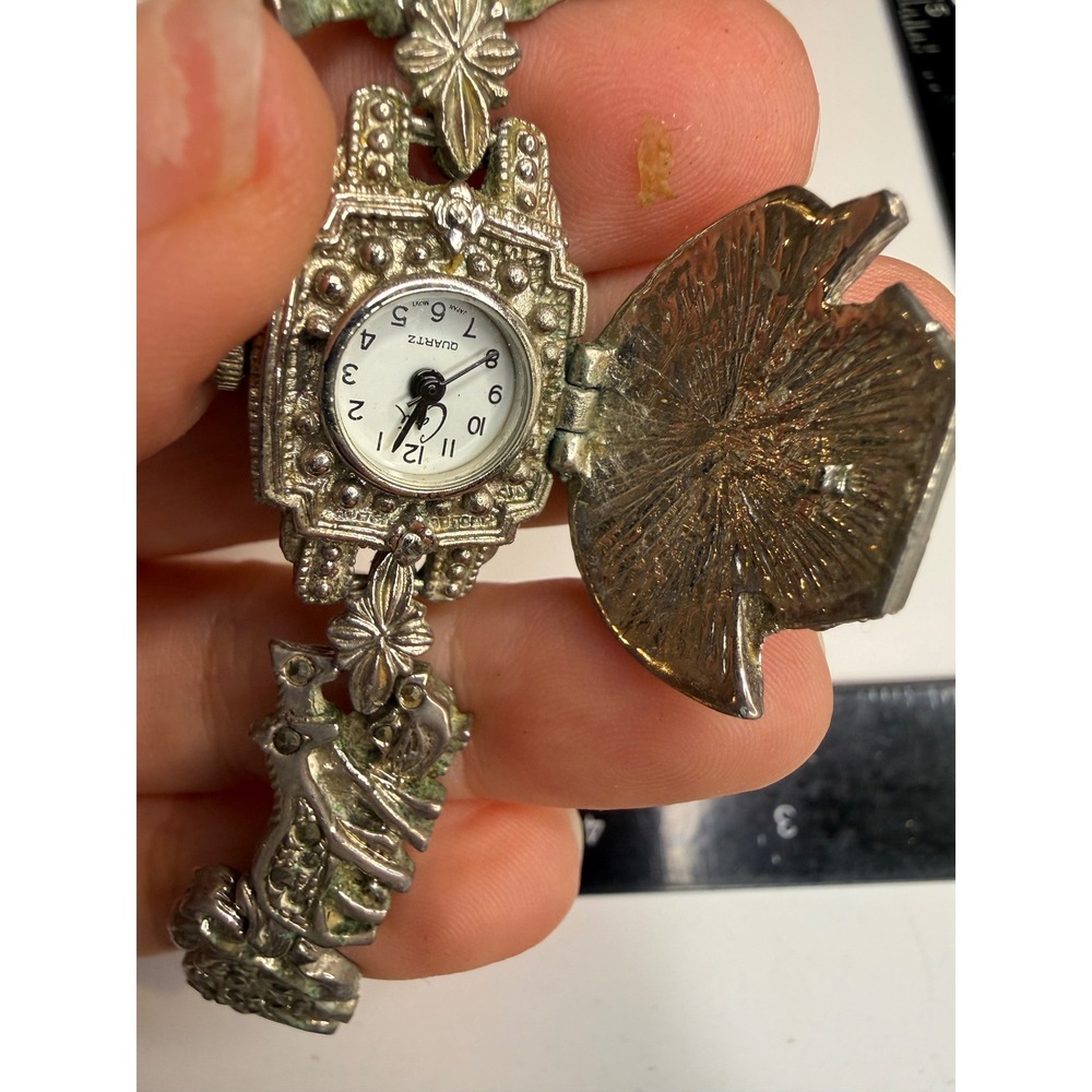 Noahs Ark Marcasite Cuff Watch Silver Tone Animal Bracelet Quartz PC21 CA031